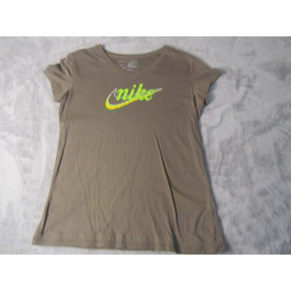 Nike Womens V-Neck Graphic Tee‎ Olive Brown Lime Green Logo Shirt Size M